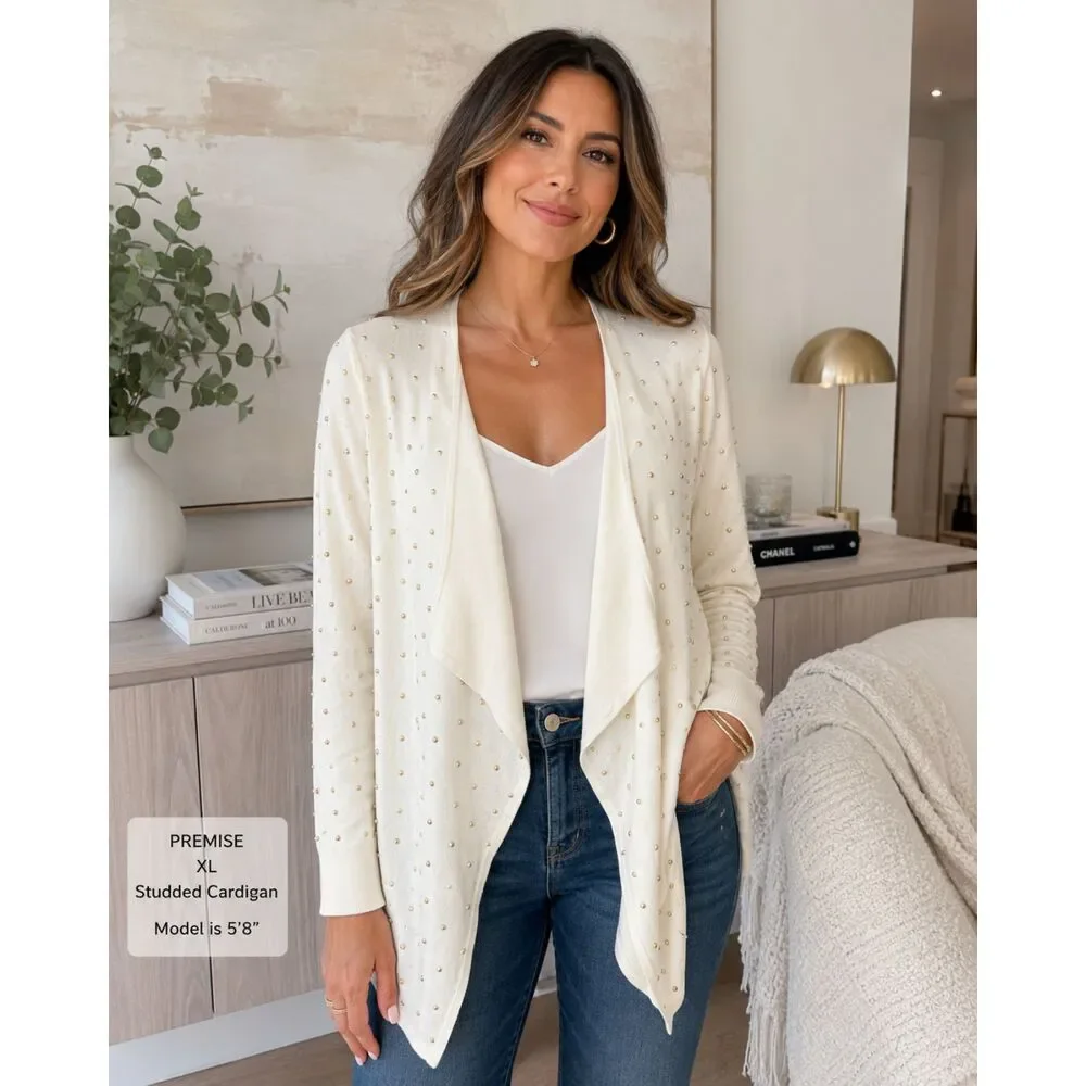 Premise XL Ivory Gold Studded Open Front Waterfall Cardigan Sweater Womens